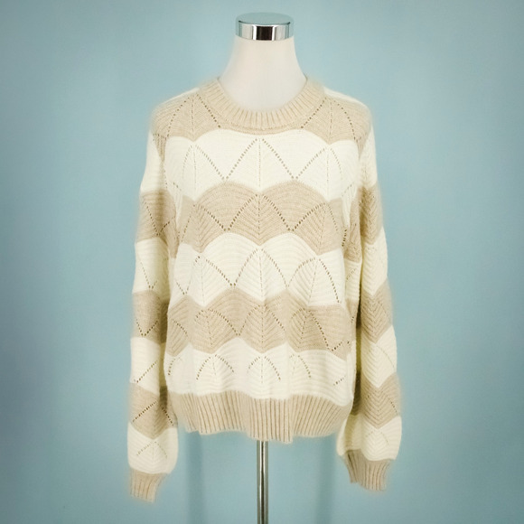 Evereve Size XL Lillian Ivory Tan Pointelle Open Knit Crew Neck Pullover Sweater - Picture 1 of 7